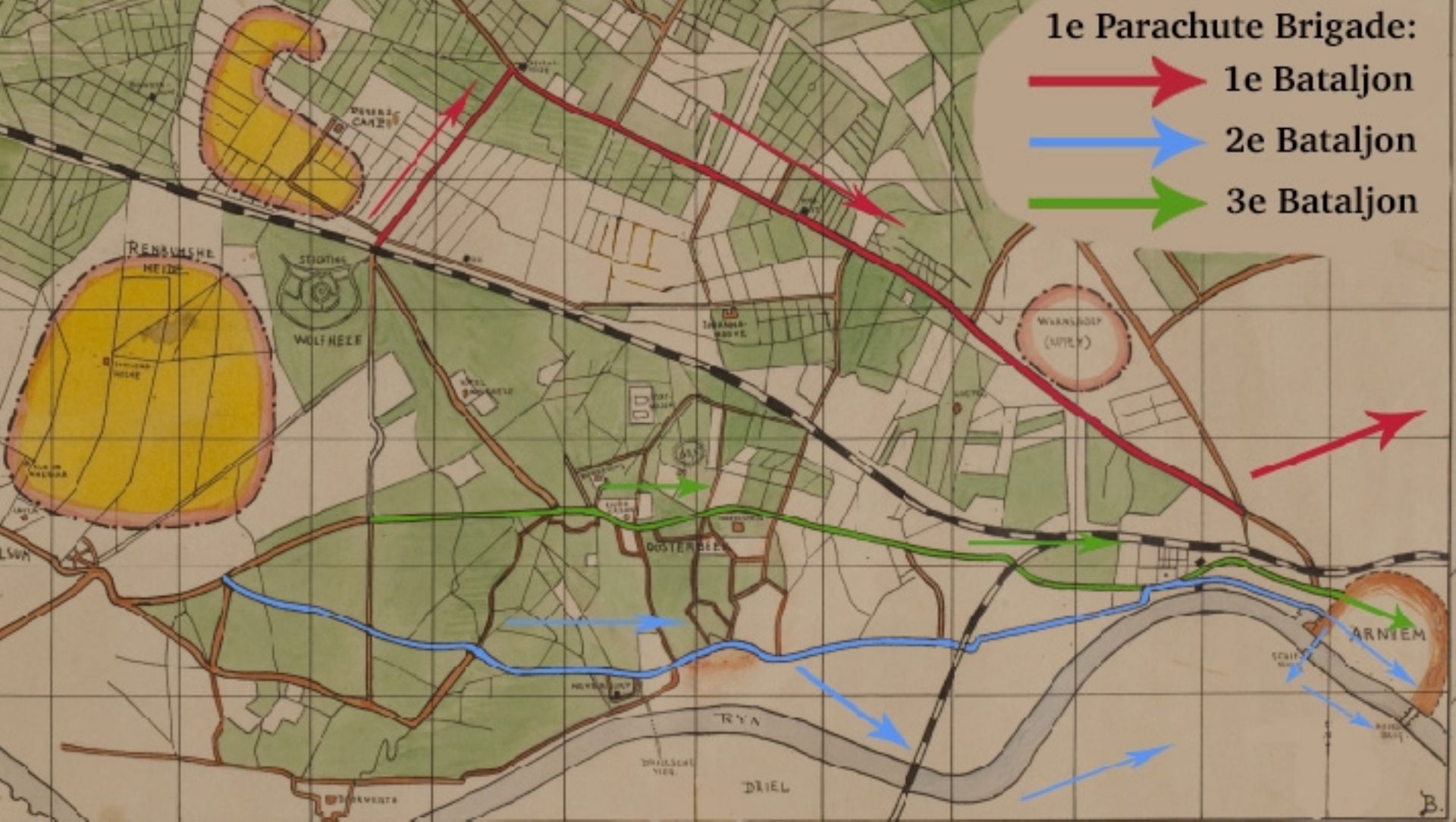 Een kaart waarop de routes staan die de soldaten vanaf de landingszones zouden nemen. De routes hadden allemaal een codenaam. Bovenaan liep route Leopard (luipaard), in het midden Tiger (tijger) en onderaan Lion (leeuw).