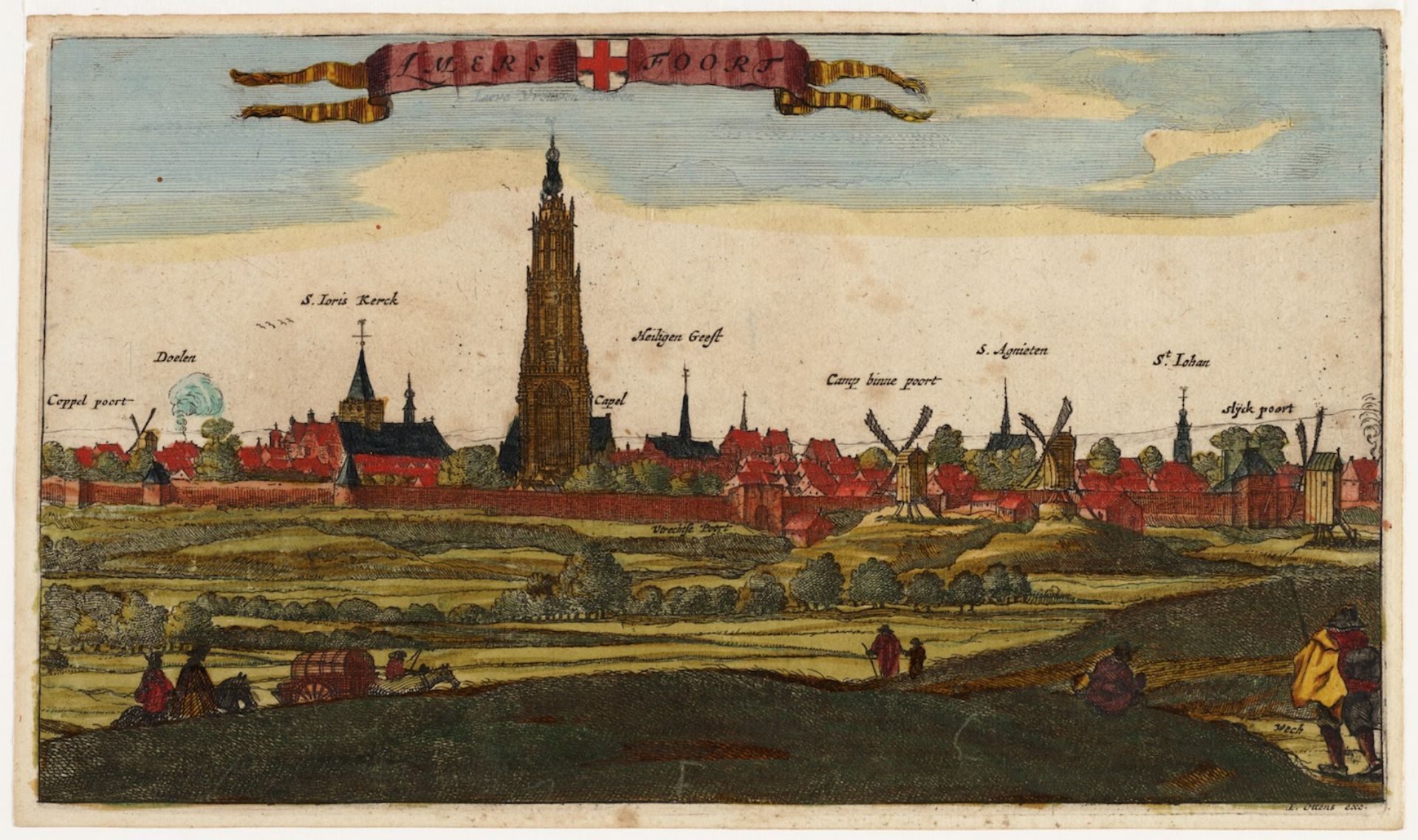 Gekleurde gravure: stadsgezicht gezien vanuit het westen met Koppelpoort, Doelen, Sint-Joriskerk, Onze-Lieve-Vrouwetoren en -kapel