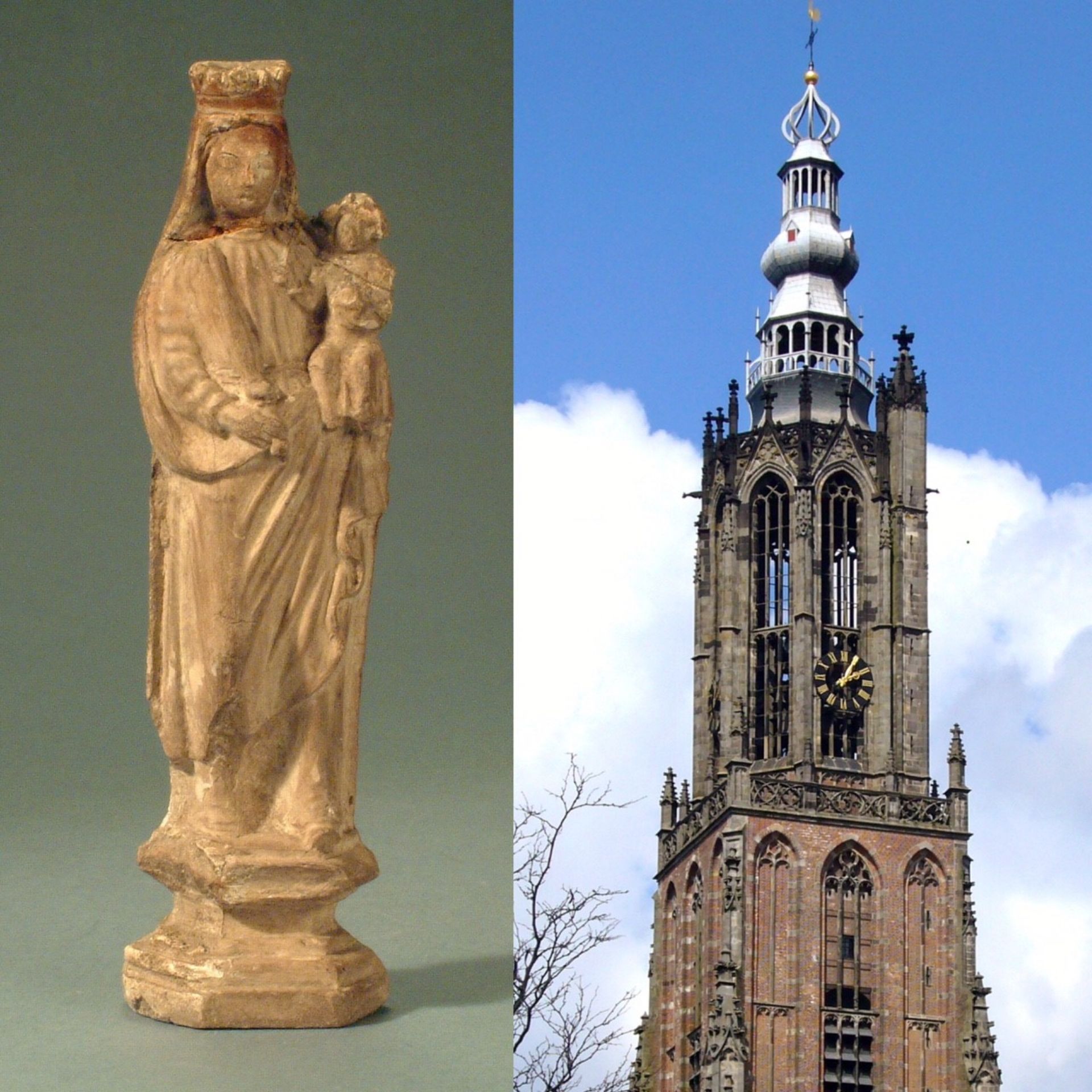 Beeldje van Maria met baby Jezus en Onze-lieve-vrouwe-toren