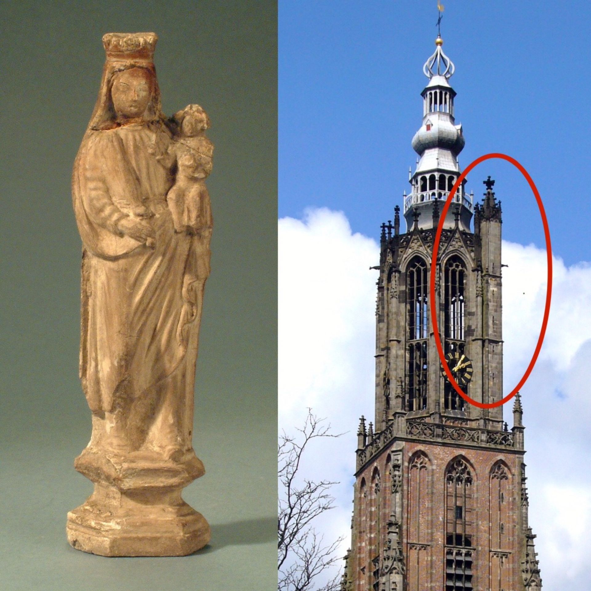 Beeldje van Maria met baby Jezus en Onze-lieve-vrouwe-toren