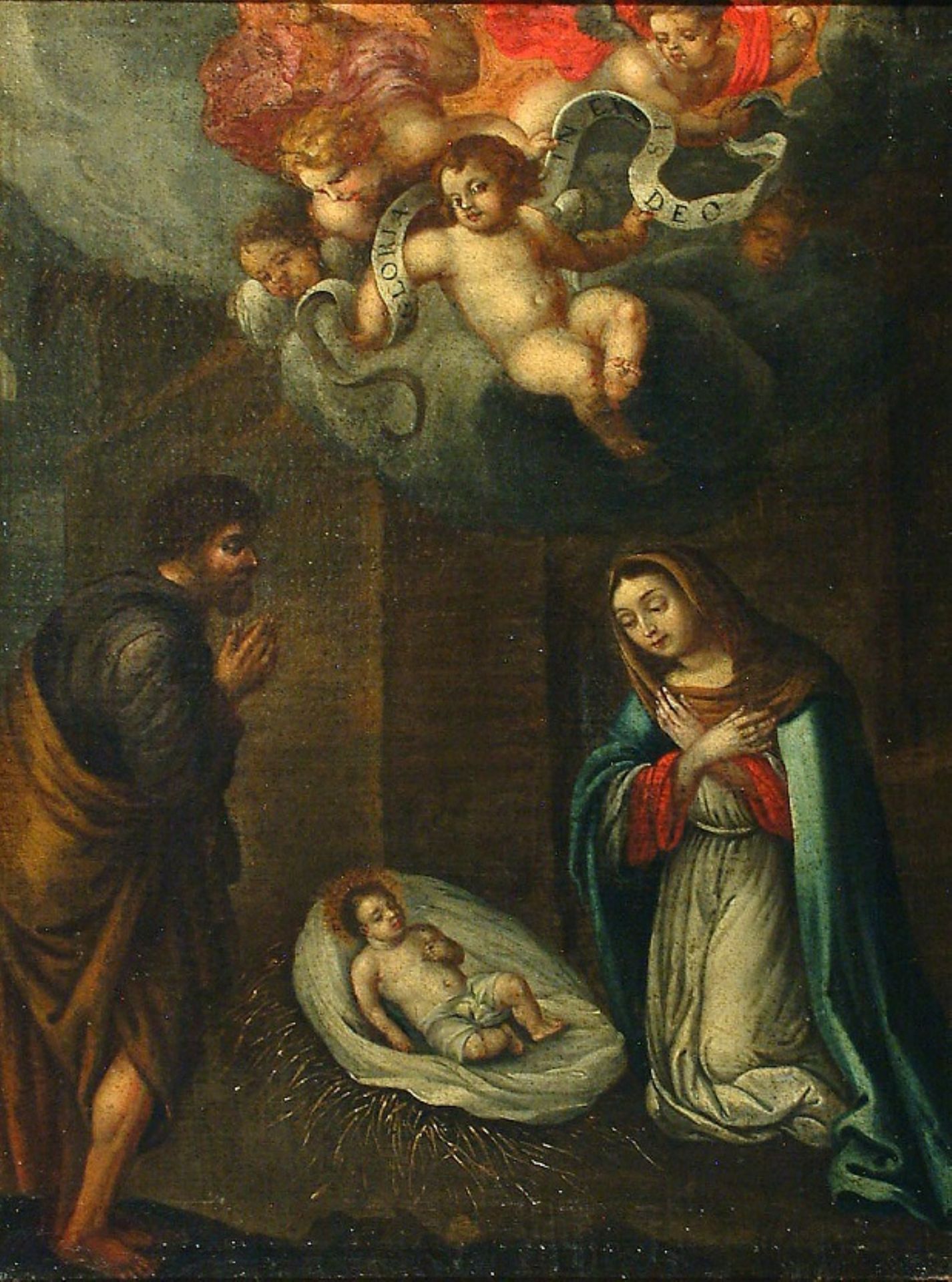 Schilderij met Jozef en Maria en baby Jezus.