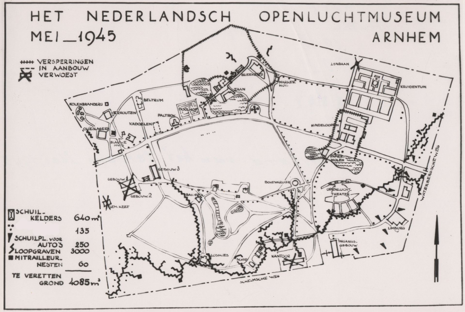 Kaart van het Openluchtmuseum uit mei 1945.