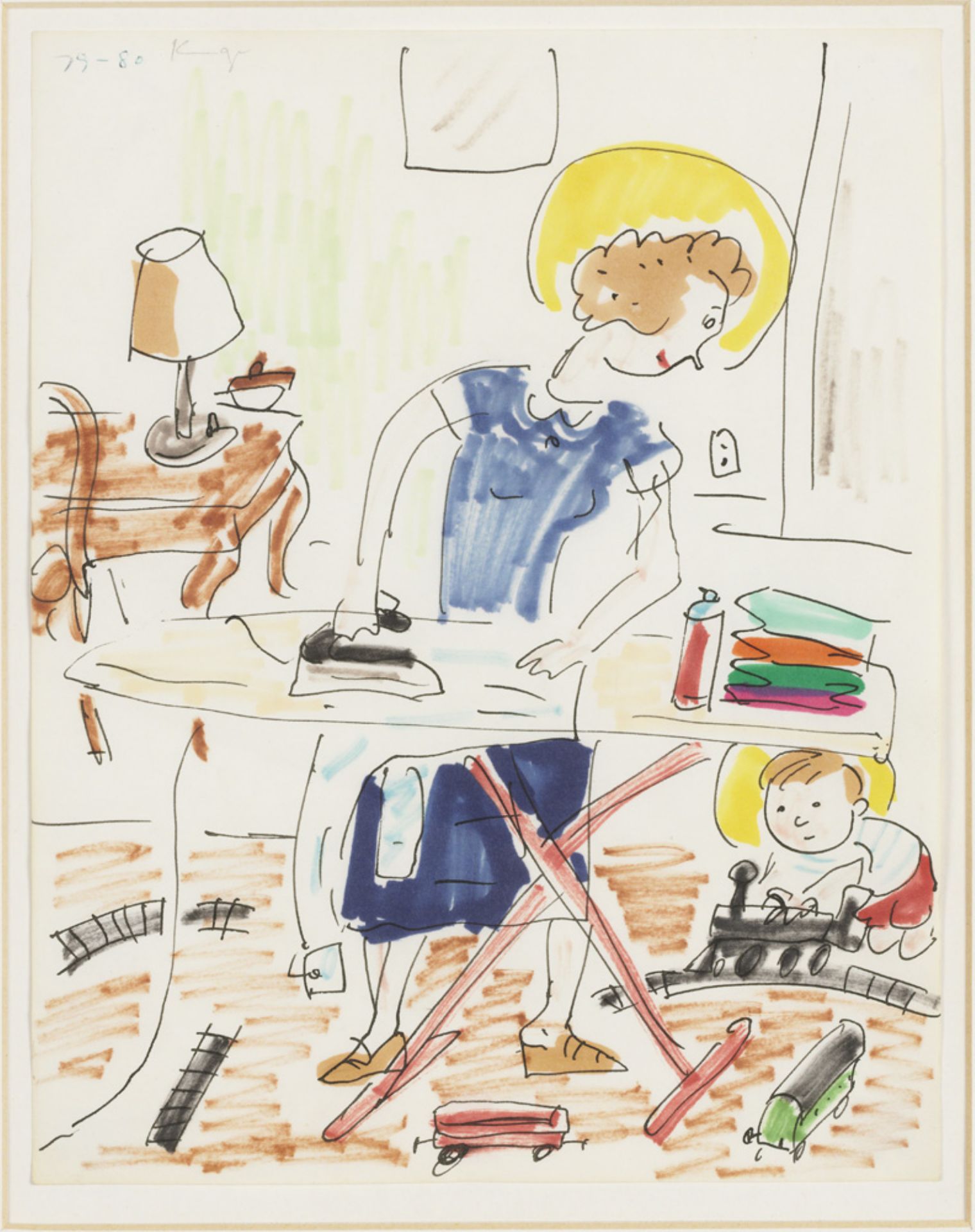 Tekening van een vrouw die aan het strijken is. Op de grond is een kind aan het spelen met een trein. Moeder en en kind hebben beide en gele aureool om hun hoofd.