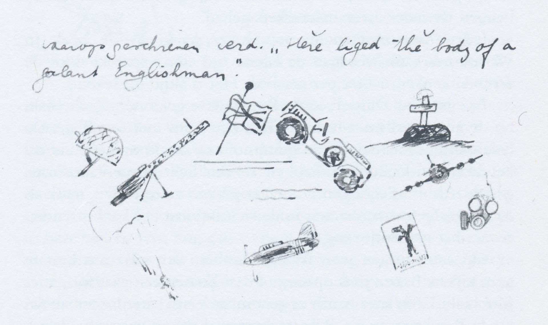 Een bladzijde uit het dagboek van Felix. Hij heeft verschillende dingen getekend zoals een jeep, een kruis van het graf van een gesneuvelde Engelse soldaat, een helm, een vliegtuig, een Engelse vlag en een gasmasker. 