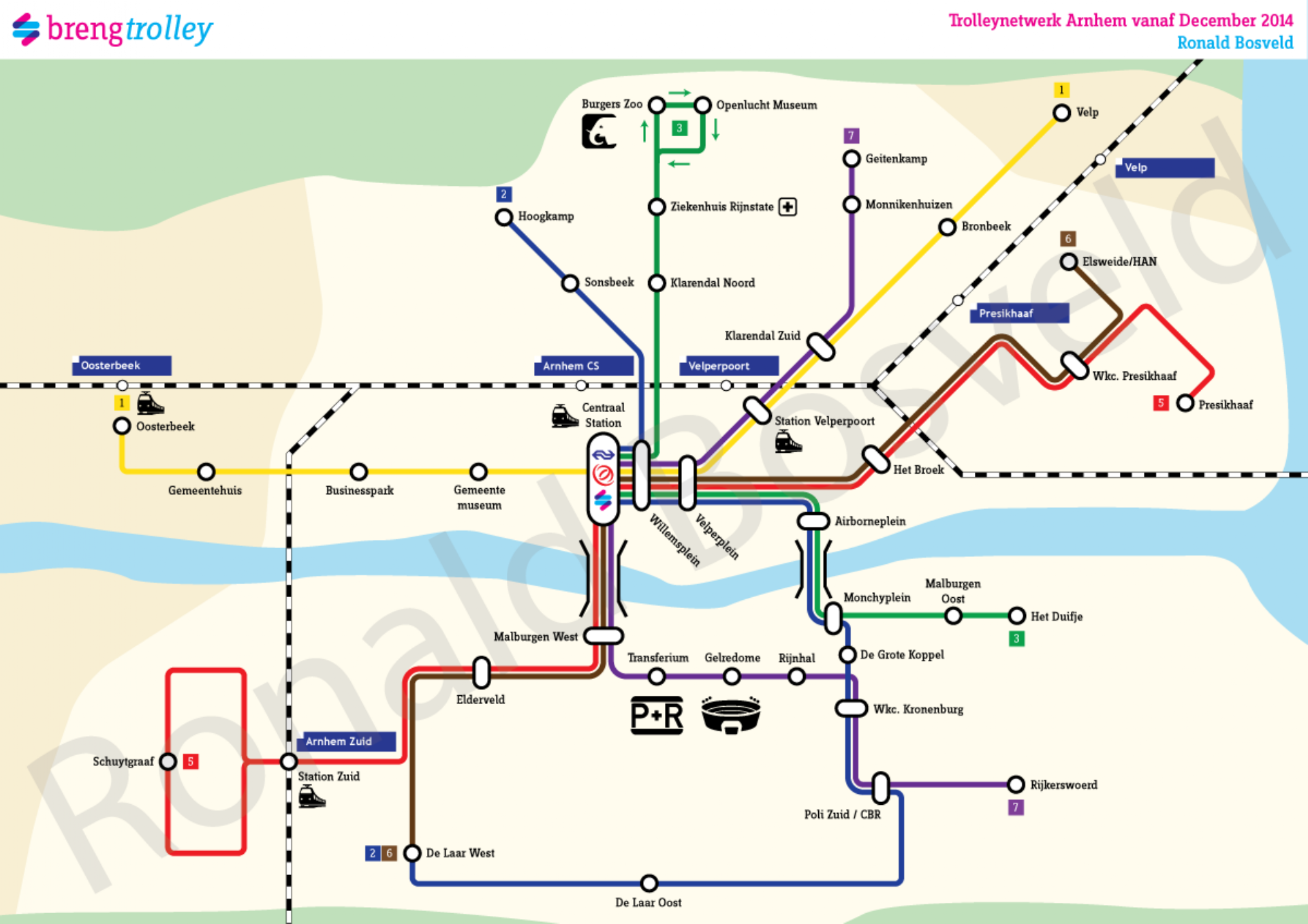 In Arnhem werden de buslijnen vanaf de jaren 80 uitgebreid. Sindsdien rijden er zes trolleybuslijnen in de stad. Op het kaartje zie je de buslijnen.